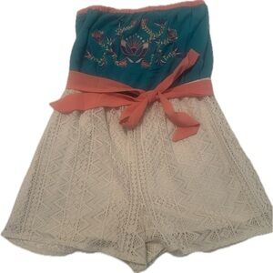 Flying Tomato romper in cream lace bottom with teal embroidered top, Size L